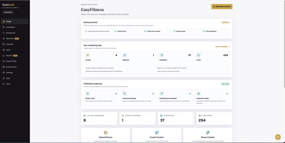 Kontento — AI marketing studio dashboard with campaigns and publishing